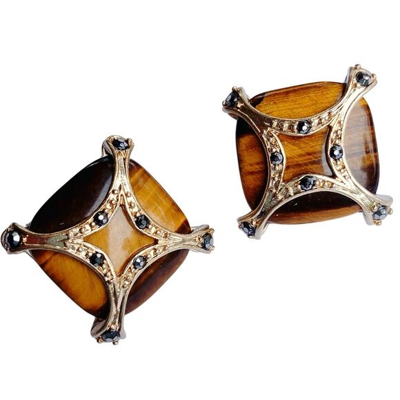 Vintage Monet Mid Century Tiger Eye Clip Earrings, Gemstone, 1960s Jewelry - Picture 1 of 11